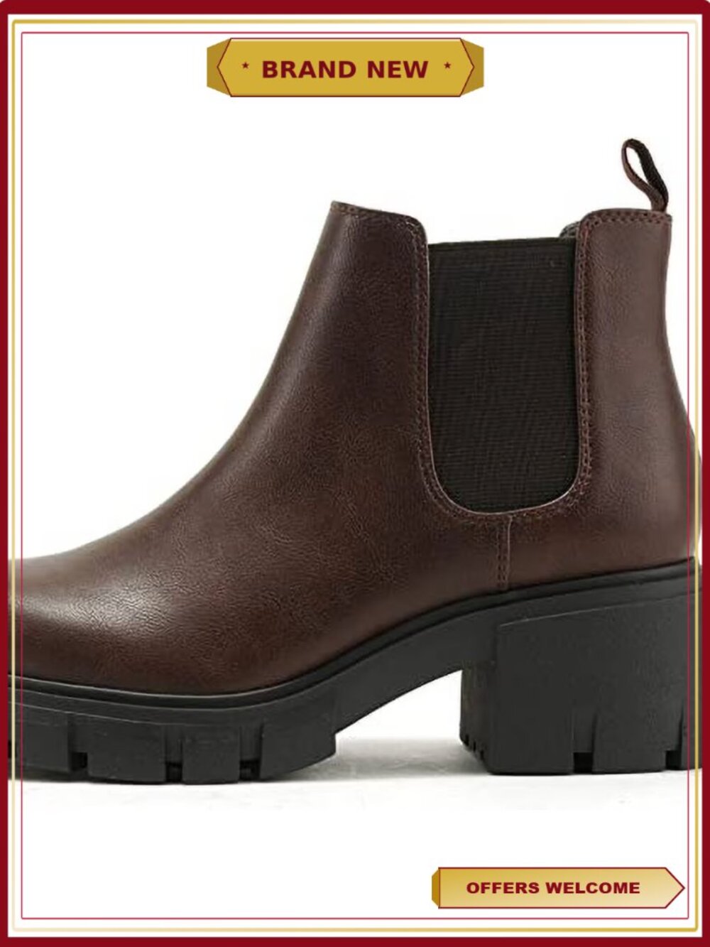 Lug Sole Mid Heel Ankle Booties Brown Size 5.5